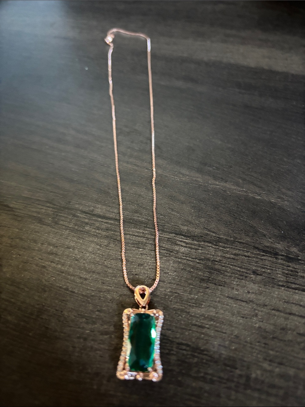 Rose Gold tone Necklace with Emerald Green Glass Pendant with clear crystals